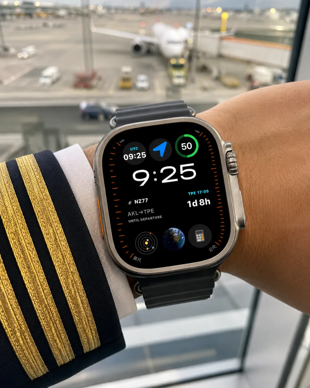 Log ATP on Apple Watch Ultra showing the next flight countdown and Zulu time