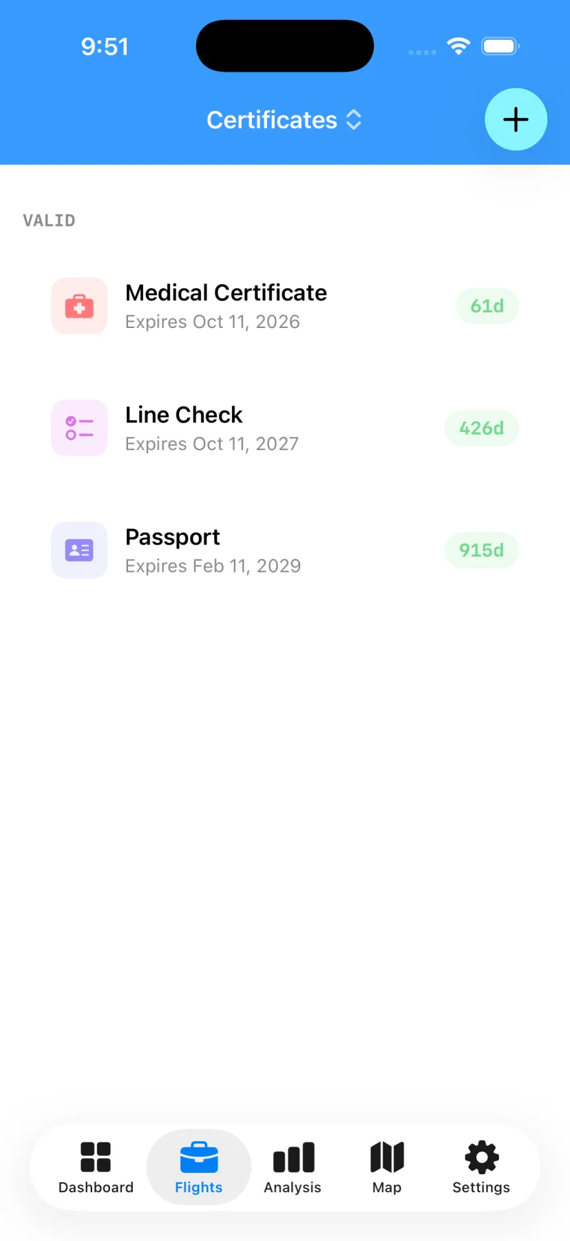 Certificates screen showing medical, line check and passport expiries