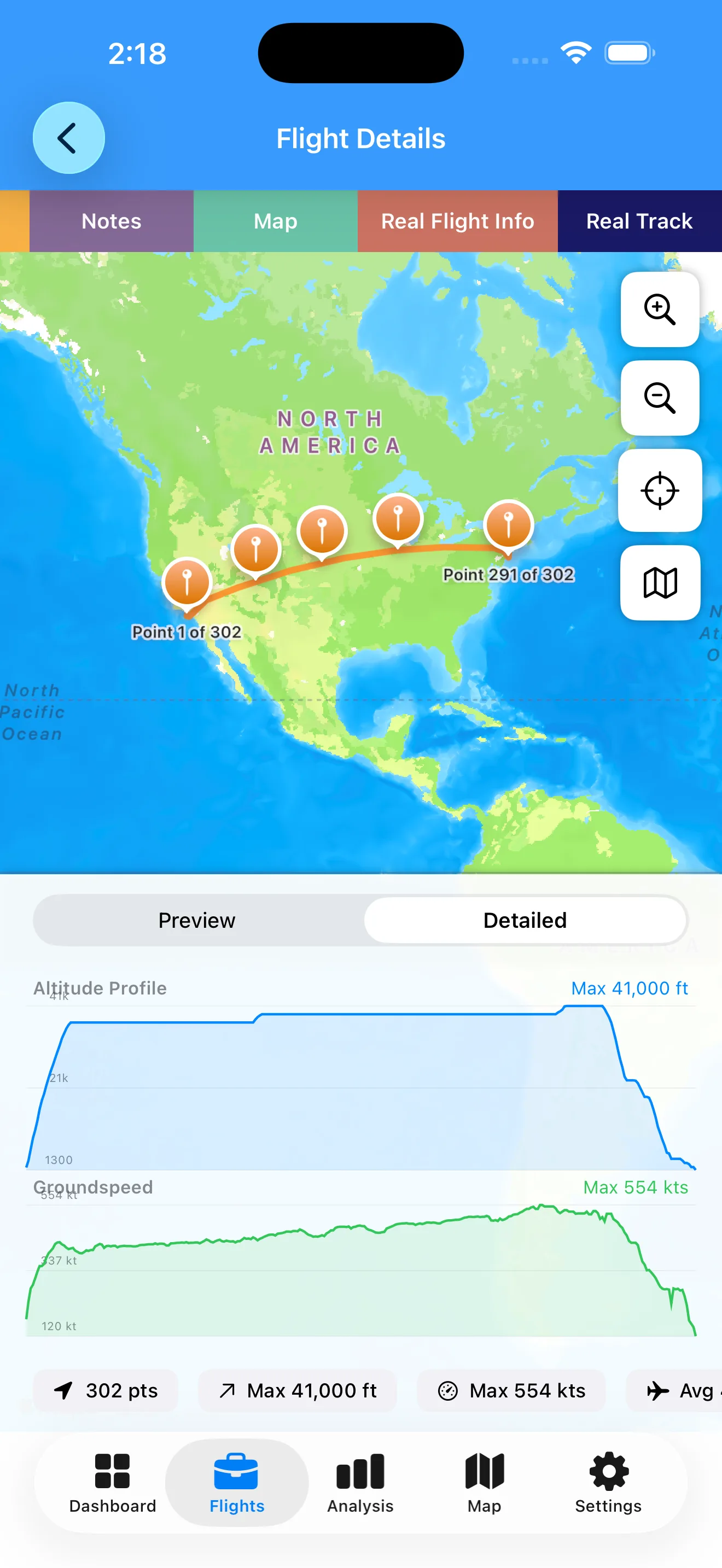 Real flight track for AA10 showing actual radar route on a map