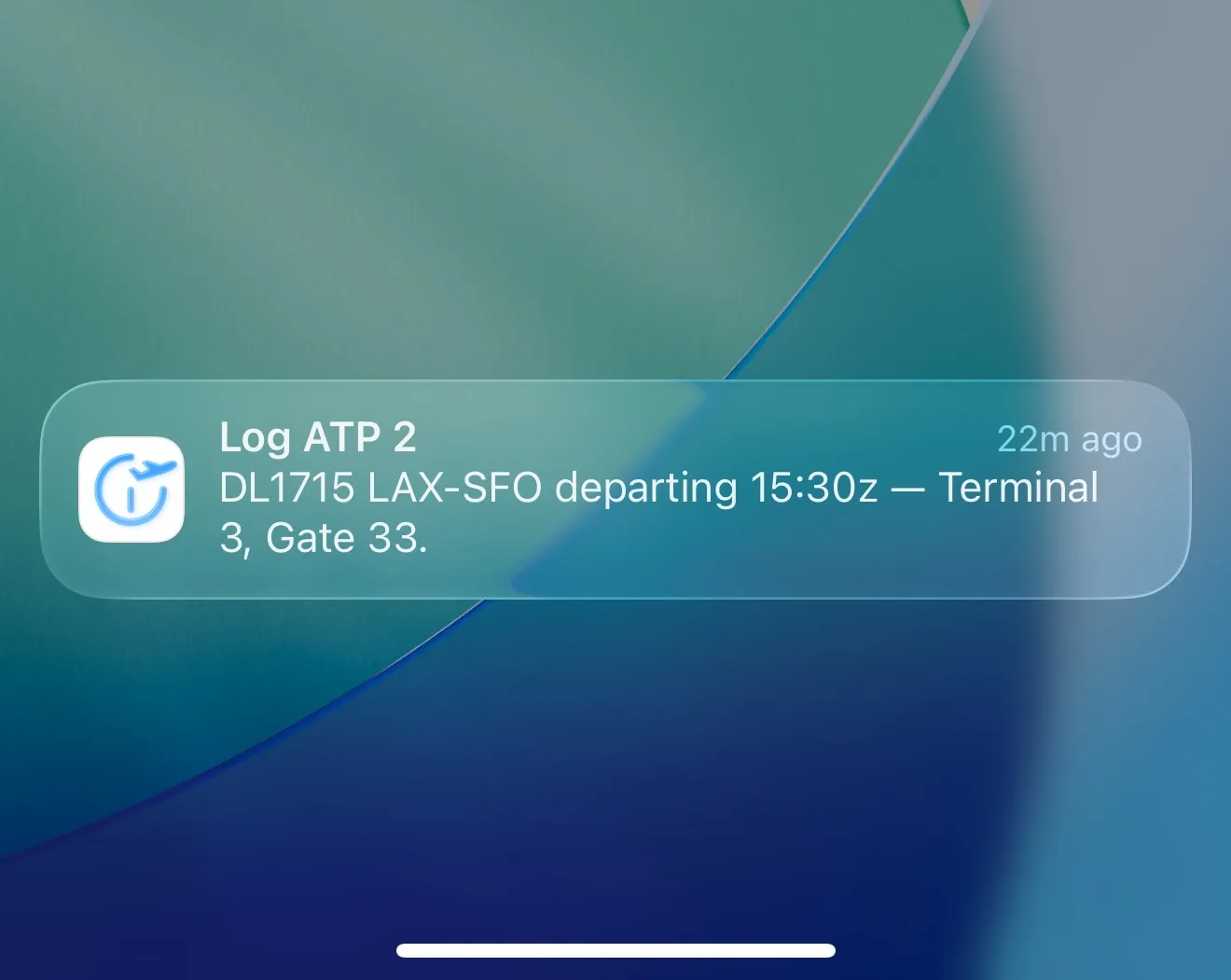 Push notification showing gate and terminal info before departure