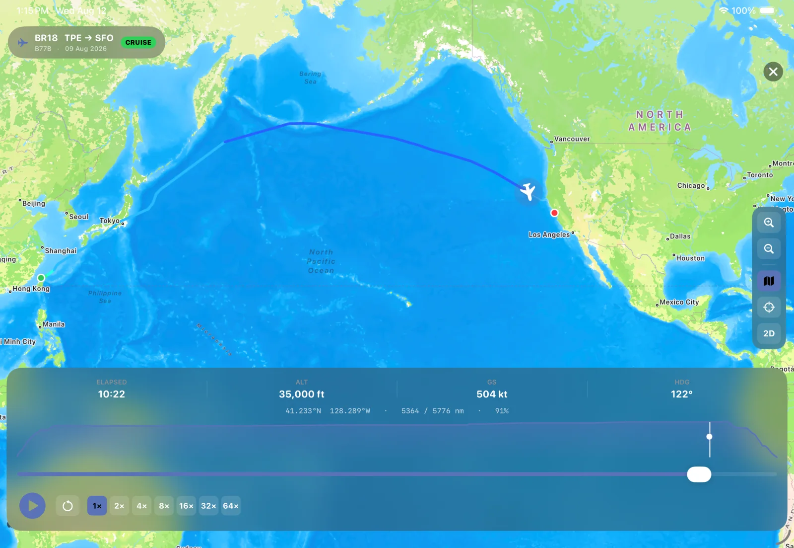 Flight replay animating the real track with altitude and speed profile