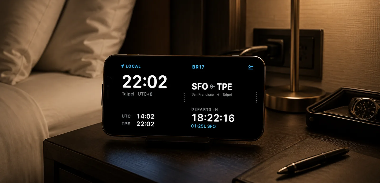 StandBy mode on a nightstand — layover clock, Zulu time and the next flight countdown