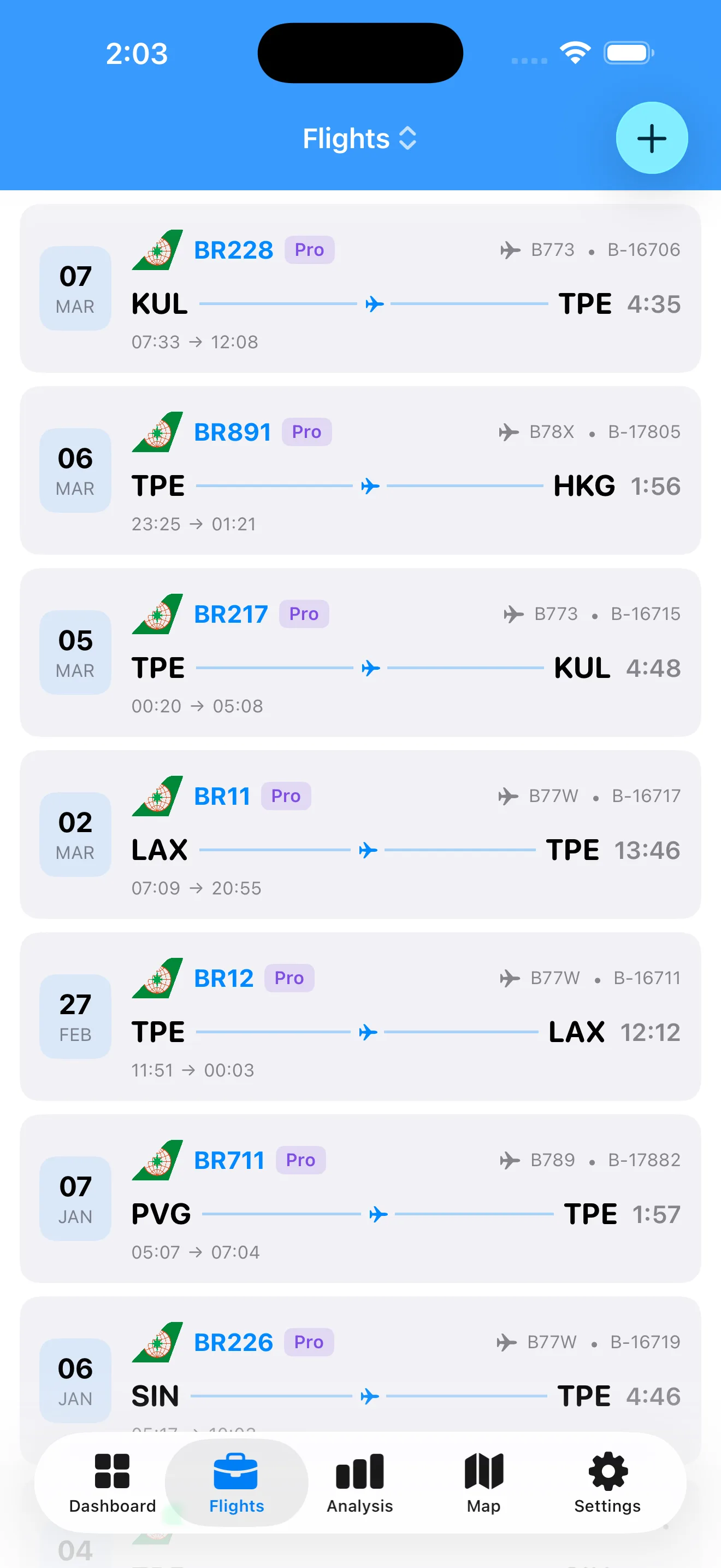 Flight list showing unlimited logged flights